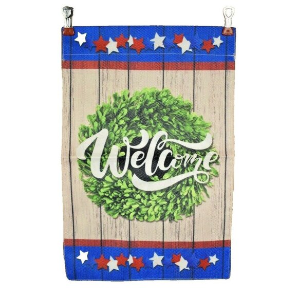 Americana Welcome Wreath 12 x 18 inch Double Sided Nylon Burlap Garden Flag - Picture 1 of 2